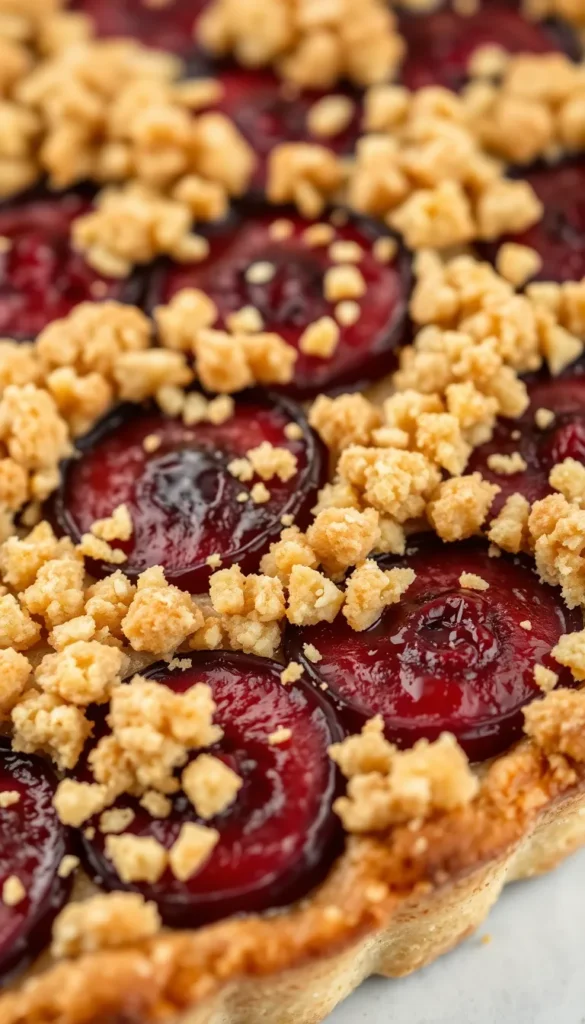 German Plum Tart with Crumb Topping (Zwetschgenkuchen): The Dessert That’ll Make You Forget Apple Pie Exists 4 Rustic Zwetschgenkuchen slice served on a white plate with vanilla ice cream melting on the side.
