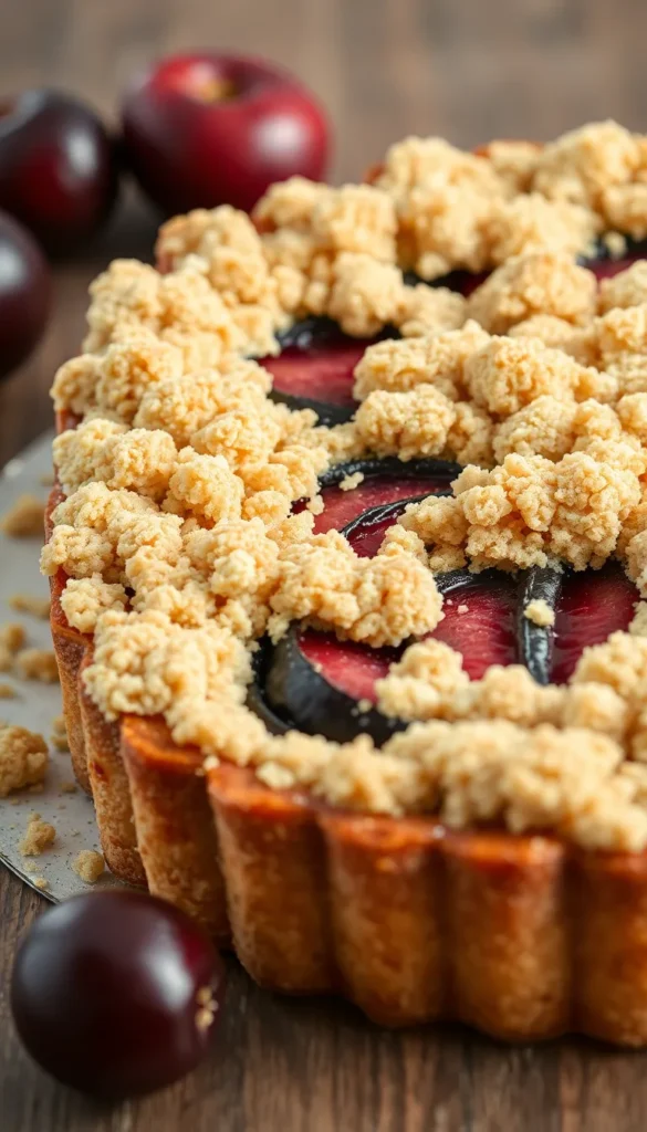 German Plum Tart with Crumb Topping (Zwetschgenkuchen): The Dessert That’ll Make You Forget Apple Pie Exists 3 Step-by-step shot of sliced plums arranged on tart crust in a round pan, ready for the cinnamon crumb topping.