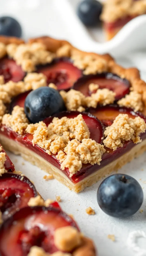 German Plum Tart with Crumb Topping (Zwetschgenkuchen): The Dessert That’ll Make You Forget Apple Pie Exists 2 Close-up of baked German Plum Tart with golden crumb topping and juicy sliced plums on a flaky crust, served on parchment paper.