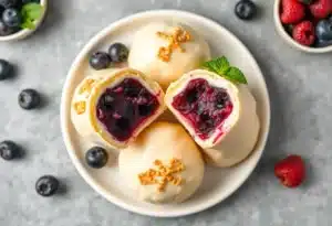 A batch of golden blueberry pie bombs arranged on a parchment-lined tray