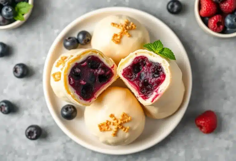 A batch of golden blueberry pie bombs arranged on a parchment-lined tray