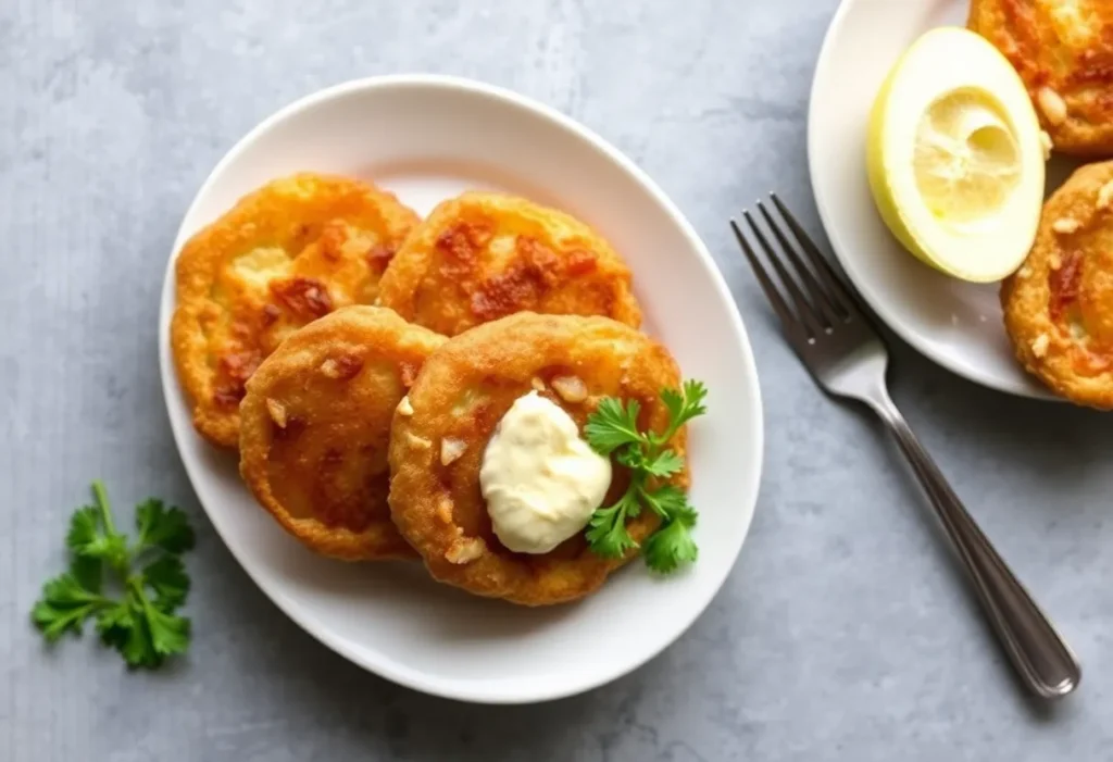 Plate of crispy fried green tomatoes with lemon and dipping sauce