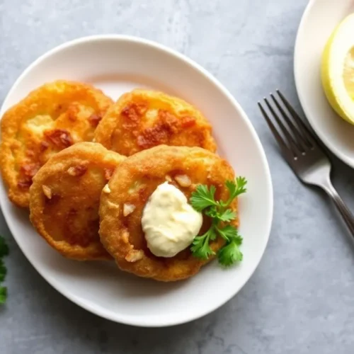 Fried Green Tomatoes Without Buttermilk (Crispy Alternative) 6 Plate of crispy fried green tomatoes with lemon and dipping sauce