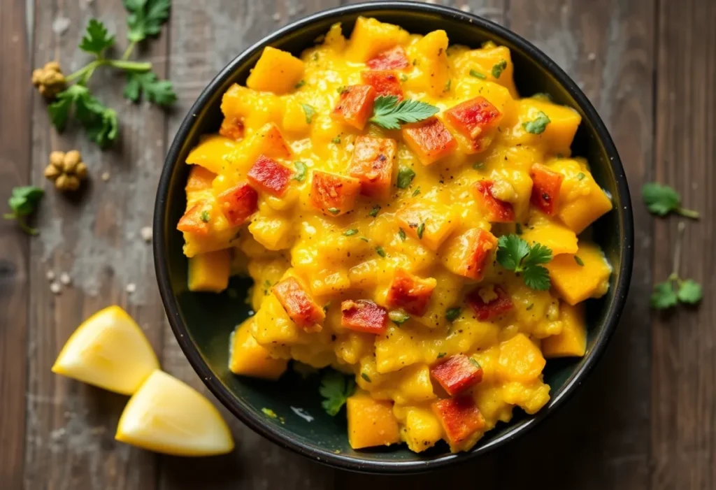 Cheesy summer squash casserole in a white dish with golden topping