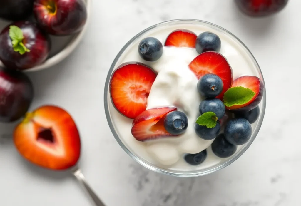 Layered sugar-free plum yogurt parfait in a glass with granola and fresh plum slices