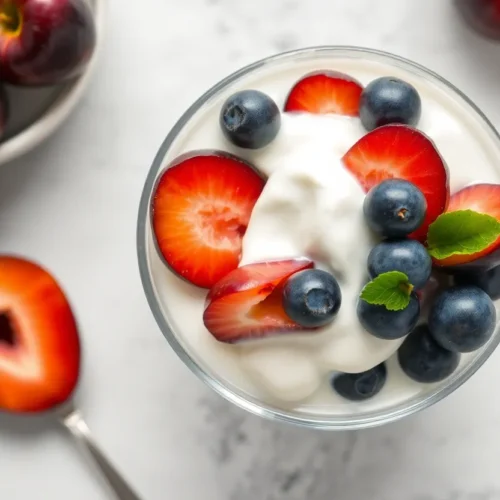 Layered sugar-free plum yogurt parfait in a glass with granola and fresh plum slices