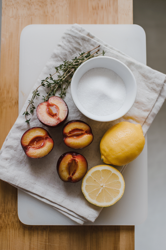 Plum & Thyme Sorbet: The Unexpected Dessert You’ll Obsess Over 2 Chopped plums and fresh thyme on a cutting board, next to a small bowl of sugar - plum and thyme sorbet