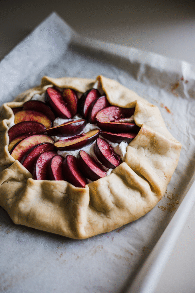 Plum and Ricotta Galette: The Lazy Baker’s Showstopper 3 Assembled unbaked galette with plums on ricotta filling, crust folded