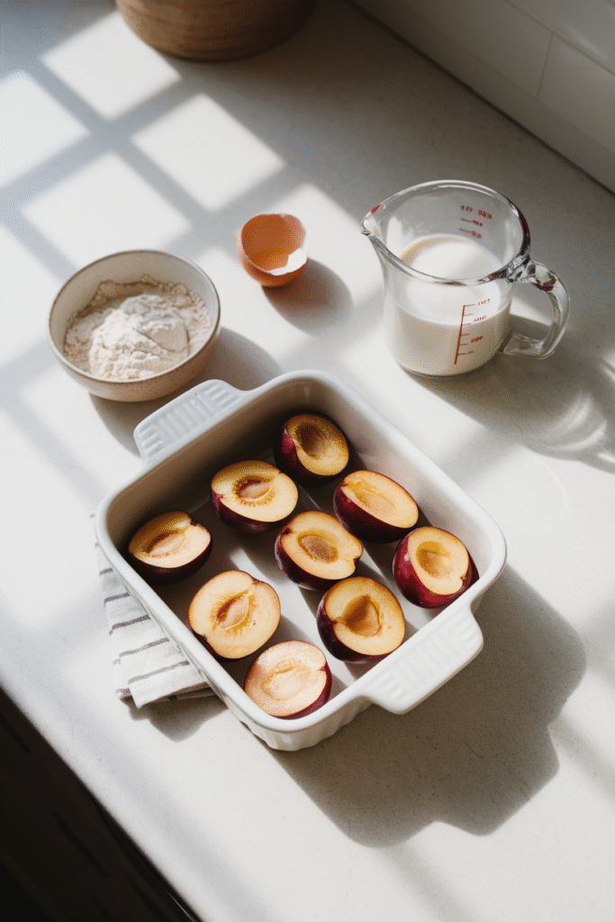 Plum and Almond Clafoutis: The Lazy Baker’s Secret Weapon 2 plum and almond clafoutis, Halved plums arranged in a white baking dish with almond flour, eggs, and milk on the side