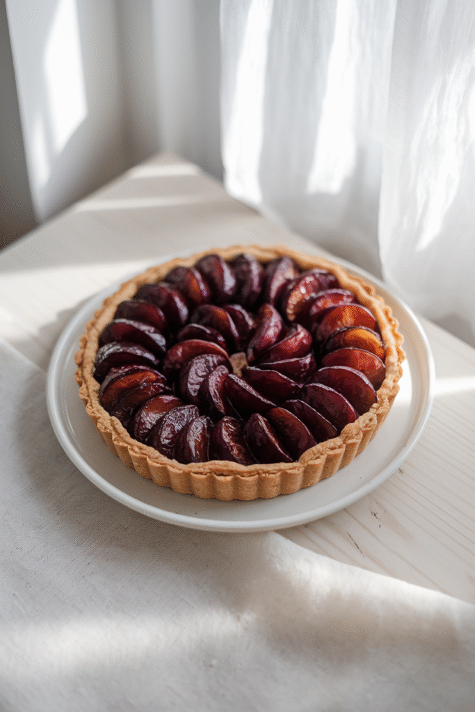 Caramelized Plum Tart: The Dessert That’ll Steal the Spotlight 2 Caramelized plum tart with flaky crust on white plate