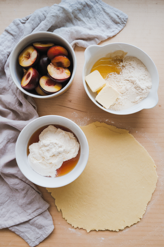 Plum and Ricotta Galette: The Lazy Baker’s Showstopper 2 Fresh plum slices and ricotta in white bowls on a wooden surface
