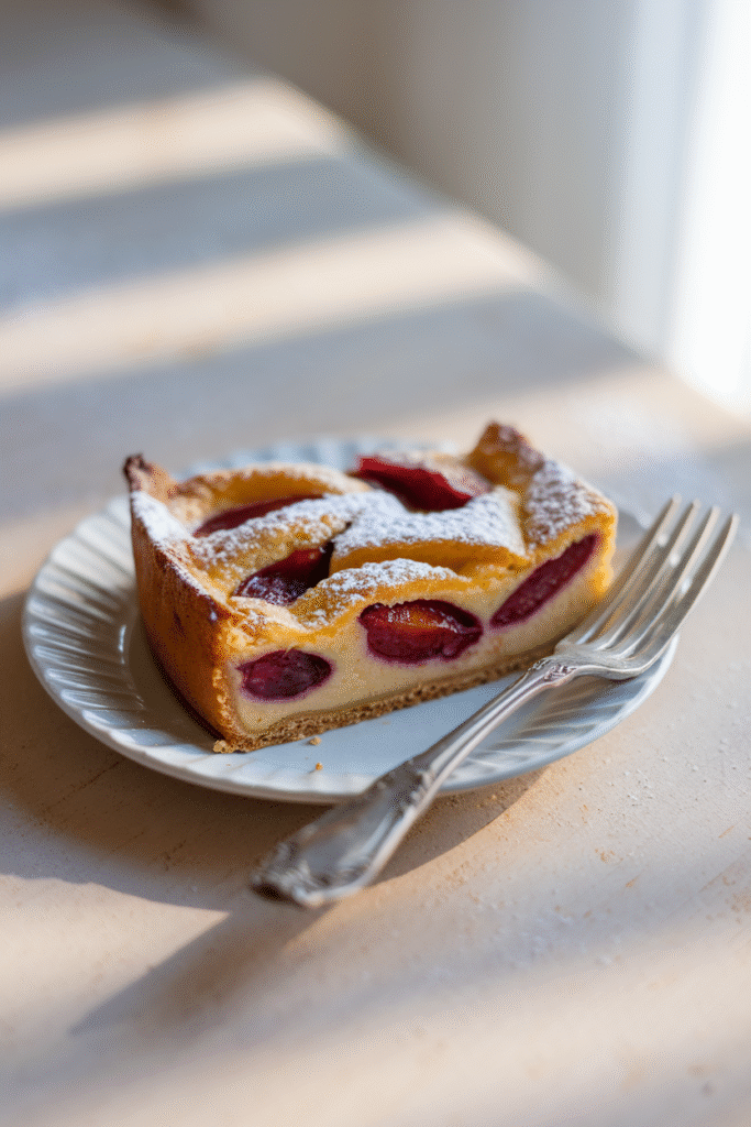 Plum and Almond Clafoutis: The Lazy Baker’s Secret Weapon 3 A slice of plum and almond clafoutis dusted with powdered sugar on a white plate with a fork