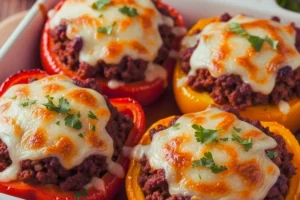 Beef and chorizo stuffed bell peppers topped with melted cheese in a baking dish