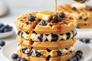 Stack of blueberry cottage cheese waffles, golden and crisp, fresh blueberries, syrup drizzle