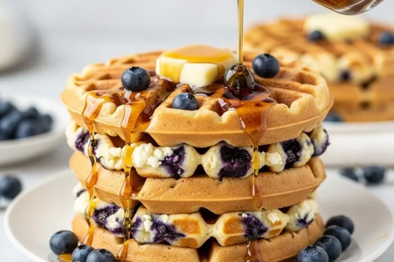 Stack of blueberry cottage cheese waffles, golden and crisp, fresh blueberries, syrup drizzle