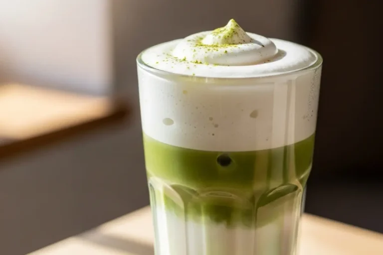 Coconut matcha latte in a clear glass, jade-green layer with fluffy coconut foam on top