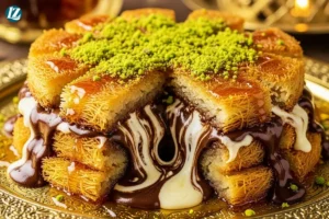 Dubai chocolate kunafa recipe with crispy golden layers, molten chocolate, and gooey cheese topped with pistachios