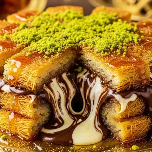 Dubai Chocolate Kunafa 7 Dubai chocolate kunafa recipe with crispy golden layers, molten chocolate, and gooey cheese topped with pistachios