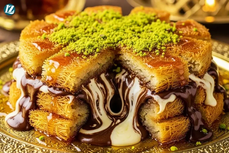 Dubai chocolate kunafa recipe with crispy golden layers, molten chocolate, and gooey cheese topped with pistachios