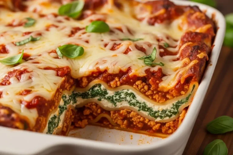 Healthy turkey lasagna with whole wheat noodles, spinach, and melty cheese, baked golden