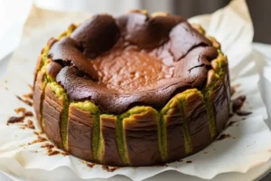 Matcha Basque cheesecake with deeply caramelized top and jiggly green center