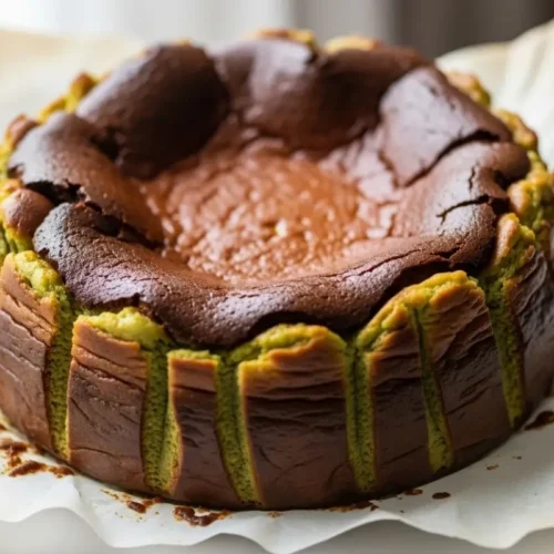 Matcha Basque cheesecake with deeply caramelized top and jiggly green center