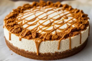 No-bake Biscoff cheesecake with spiced cookie crust and silky swirled top