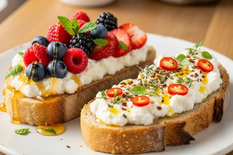 Ricotta toast on thick sourdough with honey, berries, and mint