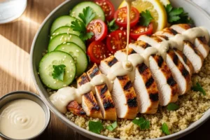 Tahini chicken bowl with juicy grilled chicken, lemon-tahini drizzle, crisp cucumbers, tomatoes, and quinoa