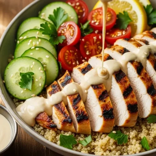 Easy Tahini Chicken Bowl 8 Tahini chicken bowl with juicy grilled chicken, lemon-tahini drizzle, crisp cucumbers, tomatoes, and quinoa