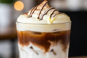 Vanilla cold foam white mocha over ice with silky vanilla foam and white chocolate drizzle
