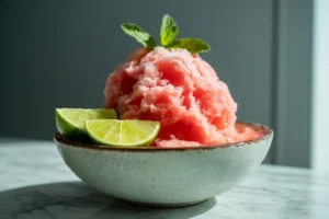 Watermelon shaved ice piled high in a chilled bowl with lime and mint