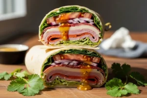 Halved General Tso’s chicken wrap showing crispy chicken, slaw, avocado, spicy mayo