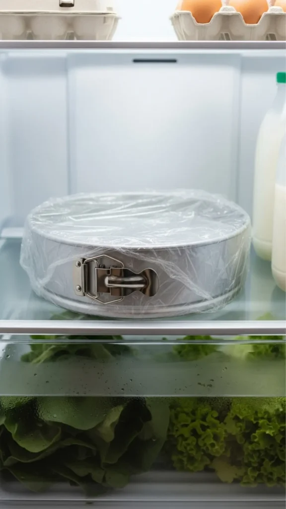 Easy No-Bake Biscoff Cheesecake 8 Springform pan wrapped/chilling in fridge