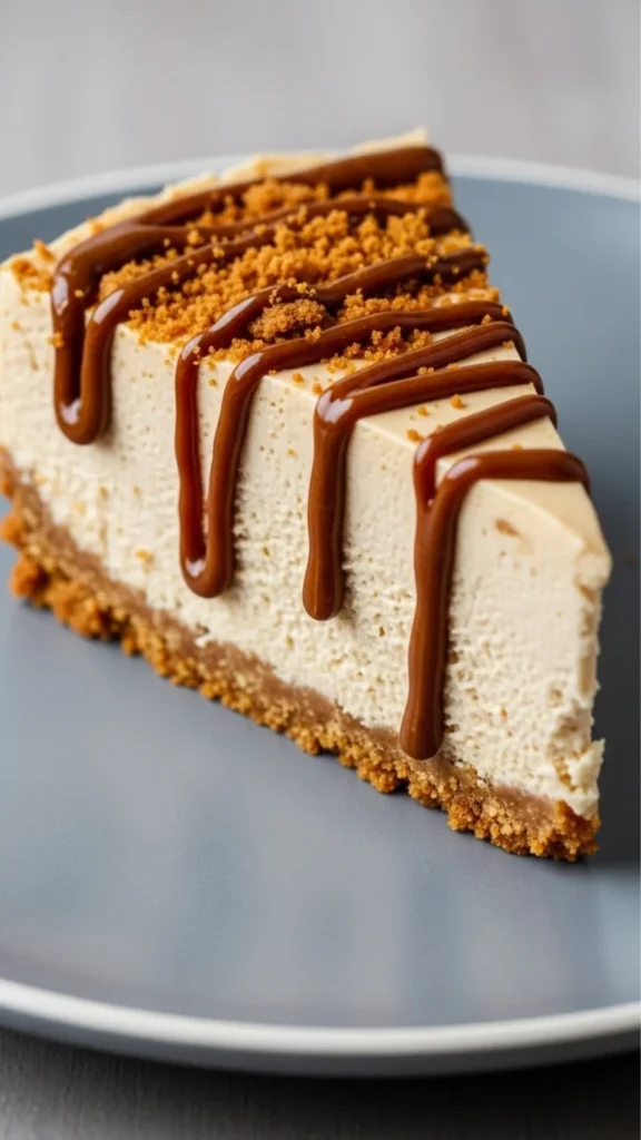 Easy No-Bake Biscoff Cheesecake 9 Slice of no-bake Biscoff cheesecake with cookie-butter drizzle and crumbs