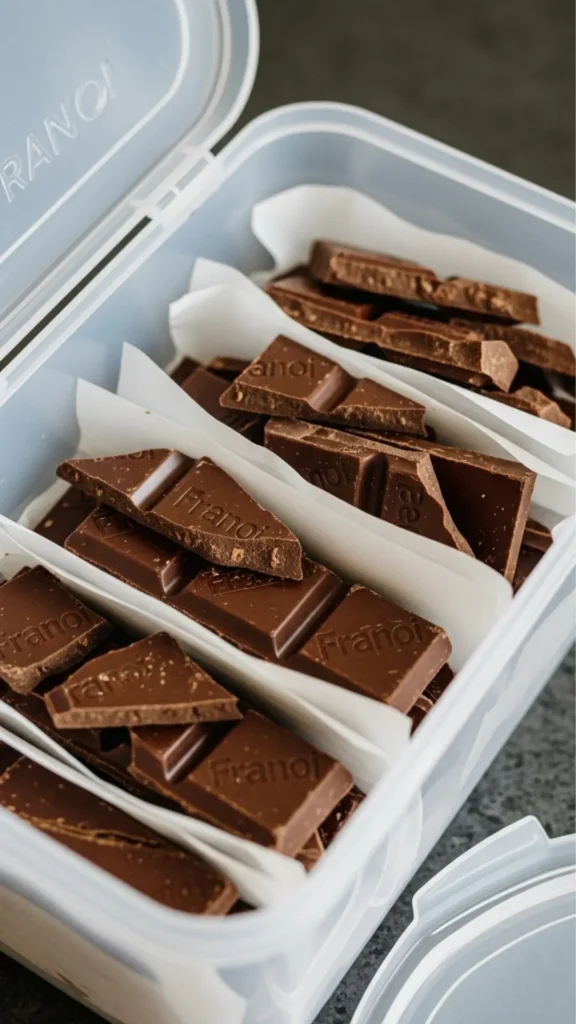 The Franoi Chocolate Bar Is the Only Sweet Treat You’ll Ever Need 9 Franoi Chocolate Bar pieces stored in airtight container with parchment layers