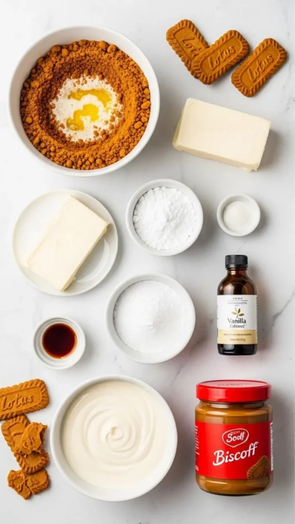 Easy No-Bake Biscoff Cheesecake 2 Ingredients for no-bake Biscoff cheesecake: Biscoff cookies, butter, cream cheese, powdered sugar, vanilla, heavy cream, Biscoff spread