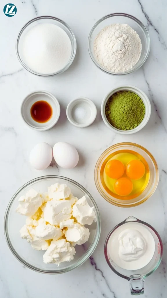 Ingredients for matcha Basque cheesecake: cream cheese, sugar, eggs, heavy cream, flour, matcha, vanilla, salt
