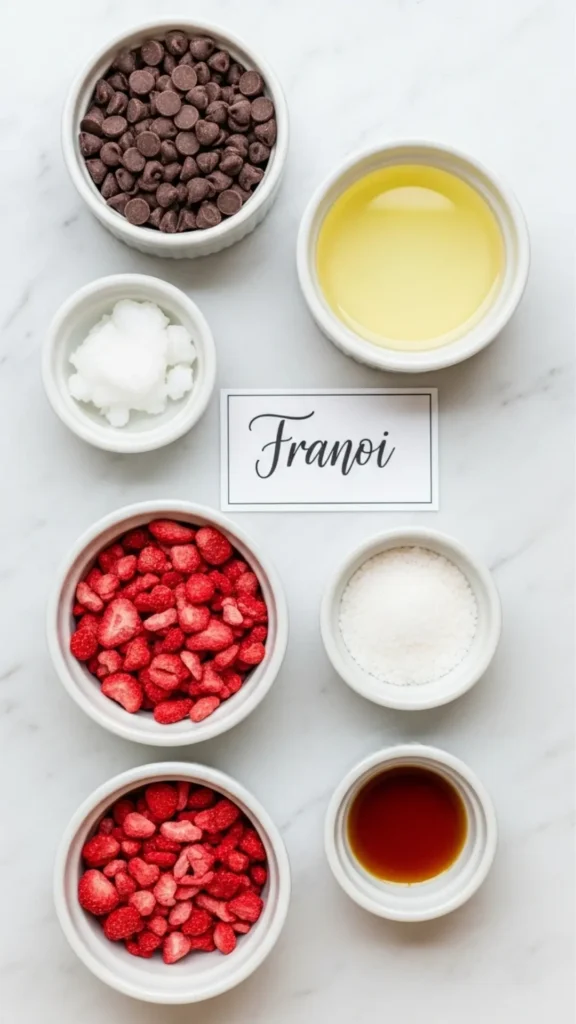 The Franoi Chocolate Bar Is the Only Sweet Treat You’ll Ever Need 2 Ingredients for Franoi Chocolate Bar: dark chocolate, coconut oil, freeze-dried strawberries, sea salt, vanilla