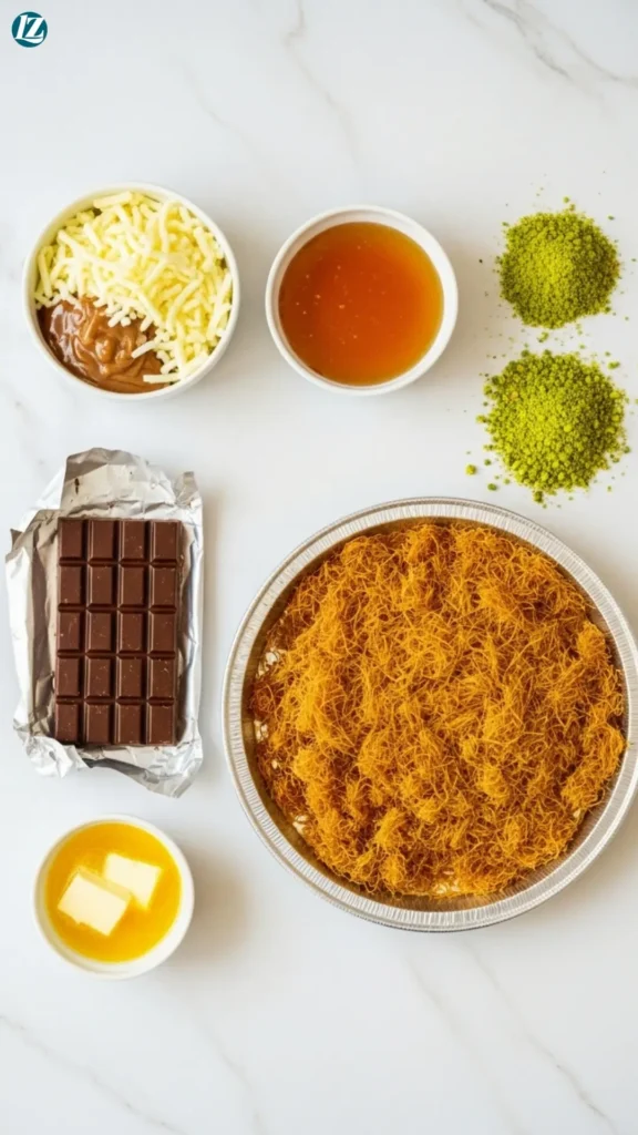 Dubai Chocolate Kunafa 2 Ingredients for Dubai chocolate kunafa arranged neatly on a marble counter