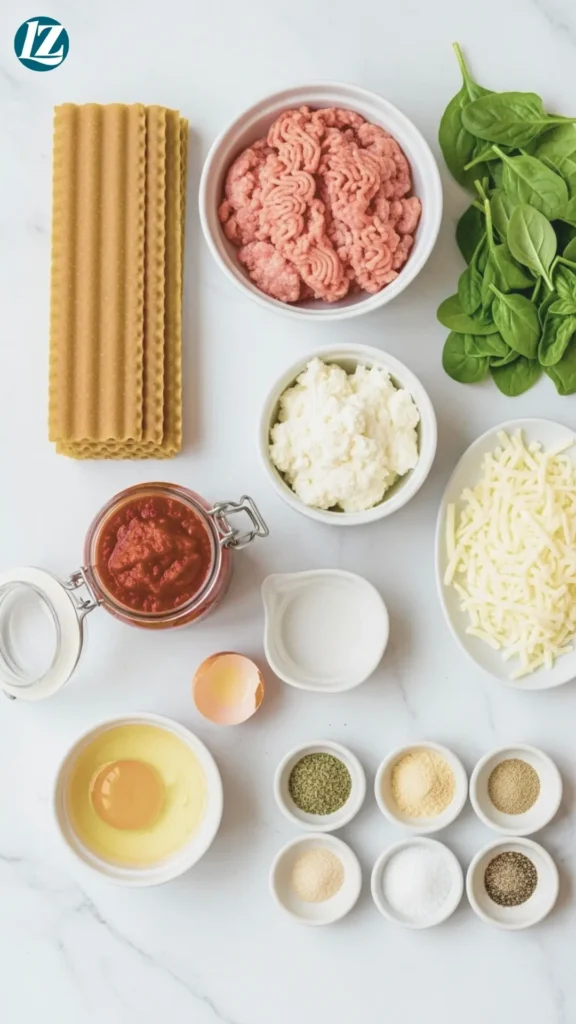 Healthy Turkey Lasagna 2 Ingredients for healthy turkey lasagna: whole wheat noodles, ground turkey, spinach, marinara, ricotta, egg, mozzarella, seasonings