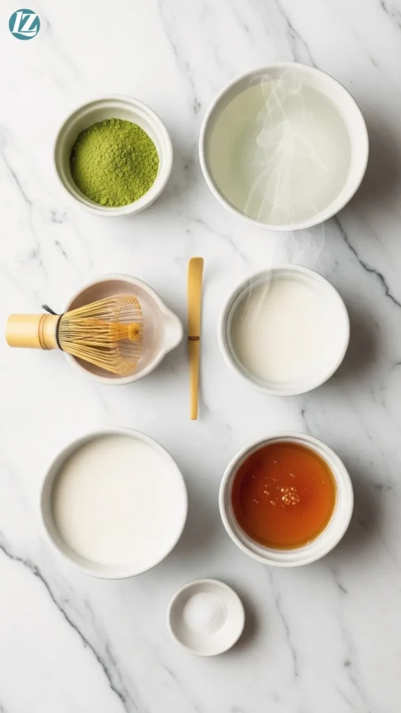 Ingredients for coconut matcha latte: ceremonial matcha, hot water, canned coconut milk, honey/maple, salt