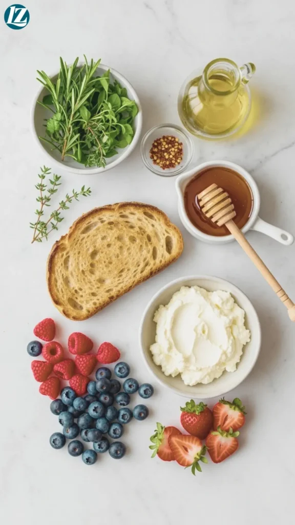Ricotta Toast: Creamy, Crunchy, 5-Minute Breakfast 2 Ingredients for ricotta toast: sourdough, whole-milk ricotta, honey, berries, herbs, chili flakes, olive oil
