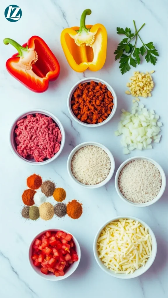 Beef And Chorizo Stuffed Peppers 2 Ingredients for beef and chorizo stuffed peppers: bell peppers, ground beef, chorizo, rice, onion, garlic, tomatoes, spices, cheese