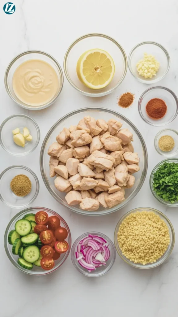 Easy Tahini Chicken Bowl 2 Ingredients for tahini chicken bowl: chicken thighs, tahini, lemon, garlic, cumin, paprika, cucumbers, tomatoes, red onion, parsley, quinoa