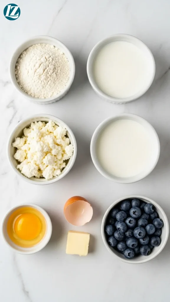 Blueberry Cottage Cheese Waffles 2 Ingredients for blueberry cottage cheese waffles on marble: flour, cottage cheese, milk, egg, butter, blueberries