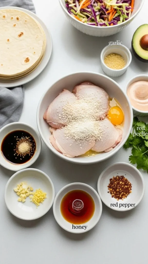 General Tso’s Chicken Wrap: Takeout Flavor, Weeknight Easy 3 Ingredients: chicken thighs, cornstarch, egg, soy sauce, rice vinegar, garlic, ginger, hoisin, honey, red pepper flakes, tortillas, slaw, avocado, spicy mayo, cilantro