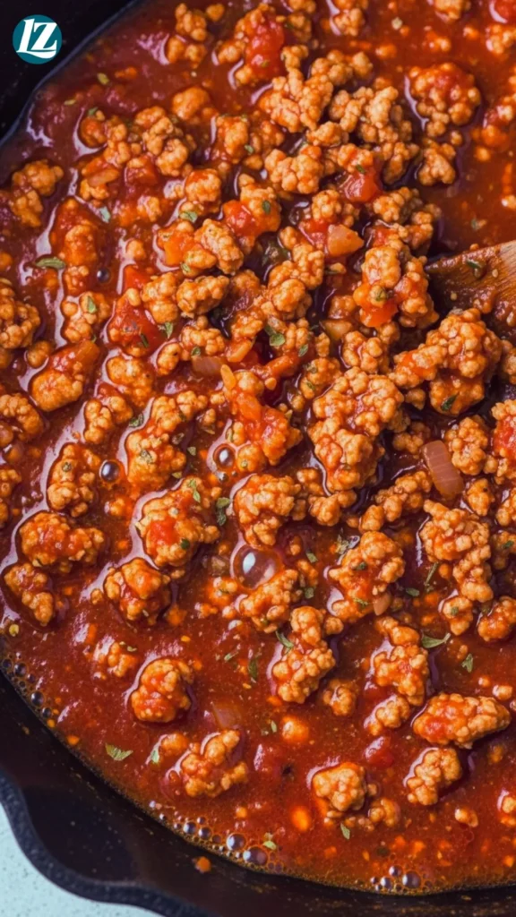Healthy Turkey Lasagna 3 Skillet with browned lean ground turkey simmered in marinara sauce