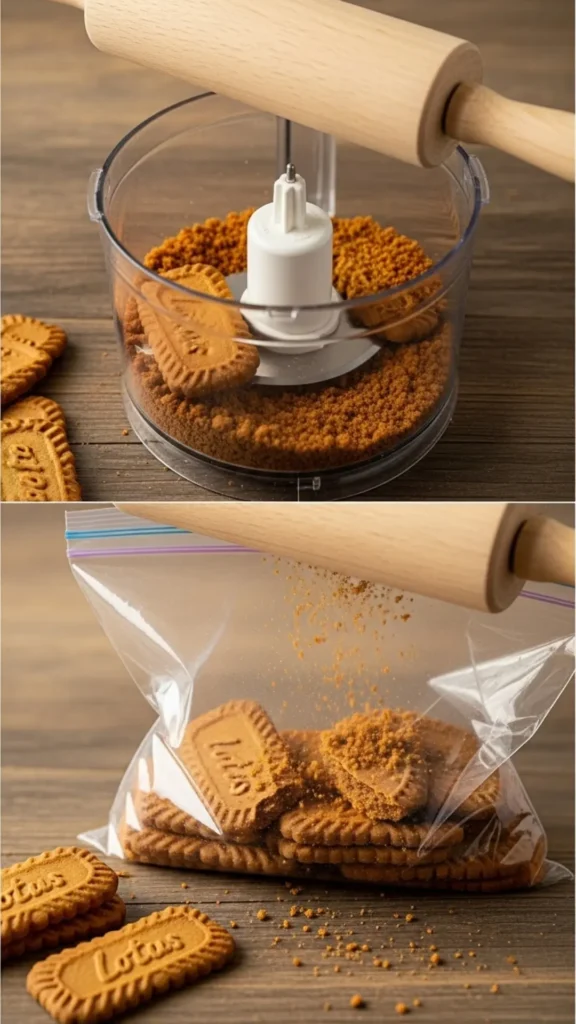 Easy No-Bake Biscoff Cheesecake 3 Biscoff cookies crushed into fine crumbs in a processor/bag with rolling pin