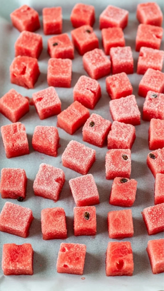 Blender Watermelon Shaved Ice Fresh, Fast, Hydrating 4 Watermelon cubes spread on a parchment-lined tray ready to freeze